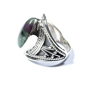 925 Sterling Silver Ruby Zoisite Gemstone Ring Handmade Oval Stone Bezel Set Bohemian Geometric Design Unisex Everyday Wear - Product Image 2