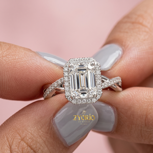 925 Sterling <b>Silver</b> <b>Emerald</b> Cut Halo Engagement <b>Ring</b> with Twisted Pave Band - Product Image 3