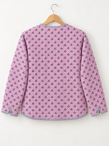 Chaqueta Reversible para Mujer, 100% Algodón, Acolchada, con Estampado Floral, Cuello Redondo, Abertura Frontal, Bolsillos de Parche - Product Image 3