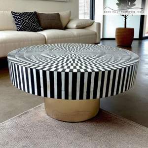 Taburete/Mesa de Centro de Madera con Incrustaciones Florales en Blanco y Negro, Hecho a Mano en India, de Calidad Superior y Diseño Exclusivo para Decoración. - Product Image 6