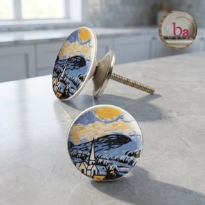 Ba Modern Round Porcelain Cabinet <b>Knob</b> with Starry Night Design for Kitchen Durable - Product Image 1