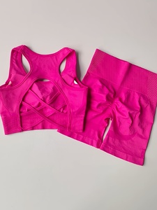 Fashionable Pink Ribbed Racerback Crop Top and Scrunch Butt Biker Shorts <b>Set</b> for Ladies Perfect Workout <b>Yoga</b> Running Fitness - Product Image 4