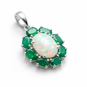 Wholesale Women's Minimalist Rhodium Plated <b>Opal</b> and Green Onyx <b>Pendant</b> 925 Sterling Silver Oval Cluster Design - Product Image 4