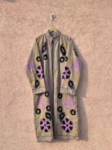Velvet Suzani Hand Embroidery Animal Print Autumn Winter Breathable Long Jacket Open <b>Stitch</b> Closure Cotton Filled Ethnic Indian - Product Image 3