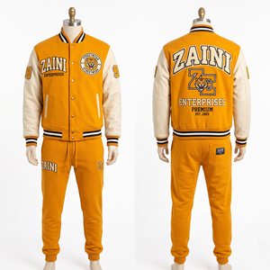 ZAINI Premium 320 GSM Cotton Polyester Fleece Unisex Varsity Tracksuit Mustard for Contrast Sleeves Custom <b>Embroidery</b> Chenille - Product Image 1