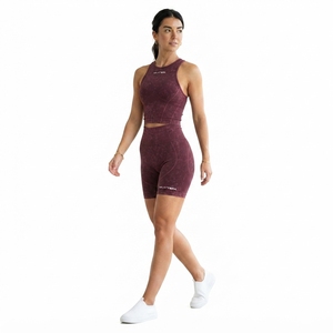 Women Burgundy Acid Wash Yoga Set Sleeveless <b>Crop</b> Tank <b>Top</b> High Waist Biker <b>Shorts</b> Gym Fitness Workout Activewear - Product Image 3