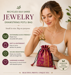 Pochette à cordon en soie recyclée faite à la main avec un travail Zari unique et un imprimé, sac Potli pour transporter des bijoux sans enchevêtrement et des cadeaux de retour - Product Image 1