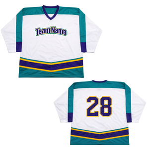 Camiseta de Hockey sobre Hielo Sublimada Personalizada en Blanco, Verde Azulado y Morado, Uniforme de Hockey Profesional con Nombre del Equipo, Camiseta de Hockey Transpirable de Manga Corta para Hombre - Product Image 3