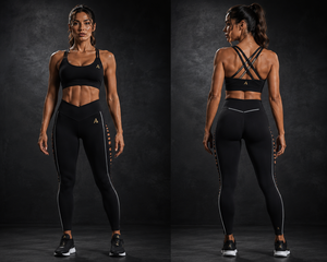 Ensemble de yoga pour femmes noires : Soutien-gorge de sport dos croisé et leggings de gym taille haute évidés – Tenue de fitness - Product Image 6