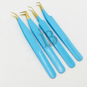 <b>Top</b> Trend Eyelash Tweezers Blue Color Golden Tip Mink Eyelash Extension Volume Tweezers Stainless Steel Russian Volume - Product Image 3