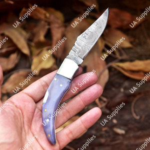 Cuchillo Plegable de Acero de Damasco Hecho a Mano con Mango de Madera Pakka, Borde Biselado, Funda de Cuero, OBM, para Caza y Uso Multifuncional - Product Image 4