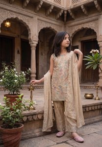 Kids Beige <b>Pakistani</b> Modern Salwar Kameez Girls <b>Eid</b> Party Wedding Wear Floral Embroidered 3Pc Designer Suit with Dupatta - Product Image 4