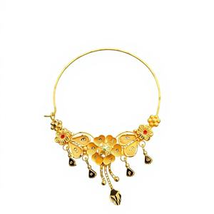 Anillo de nariz de oro macizo de 22k, joyería nupcial tradicional india, diseño de aro con esmalte floral de pavo real, tamaño grande, alambre para perforación. - Product Image 1