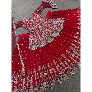 DHK Wedding Apparel Red Embroidered <b>Lehenga</b> <b>Top</b> and Dupatta with Stone Handwork Size XL for Parties - Product Image 5