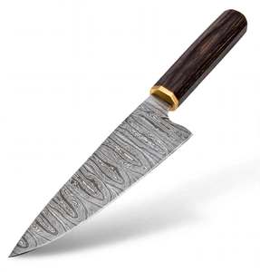 Couteau de cuisine artisanal en acier Damas avec manche octogonal en bois foncé et collier en laiton - Product Image 1