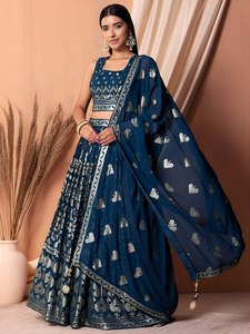 Navy Blue Georgette <b>Sequin</b> Embroidered Lehenga Set Short Sleeve <b>Crop</b> <b>Top</b> A-Line Floor-Length Bridesmaid Dress High Neckline - Product Image 2
