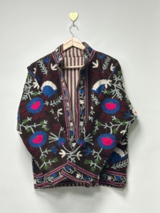Handmade <b>Velvet</b> Suzani Embroidered Bomber <b>Jacket</b> <b>Women</b> Floral Pattern Open Front Reversible Eco-Friendly Breathable 100% Cotton - Product Image 1