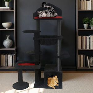 Arbre à chat gothique noir multi-niveaux avec poteaux à gratter, perchoirs, hamac et grotte - Product Image 2