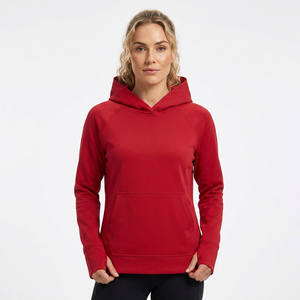 <b>Women's</b> <b>Red</b> Hooded <b>Sweatshirt</b> Long Sleeve Solid Color Pullover Cotton Knitted Breathable Windproof Autumn Wear Front Logo Pocket - Product Image 2