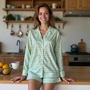 Pijamas de verano ecológicos para mujer en algodón ligero con estampado de corazón y pantalones cortos de algodón verde suave con ribetes con conjunto de pijama superior - Product Image 3
