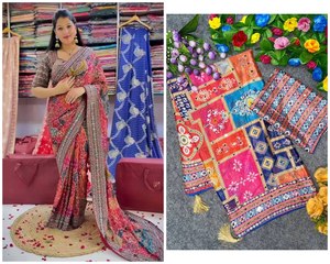 Indian Women's Silk Saree Digital Print Mirror Work Traditional Wedding Party Wear <b>Ankle</b>-Length Regular Fit Wrinkle-Free Chiffon - Product Image 3