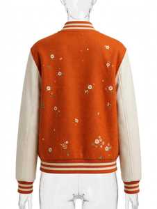 Chaqueta Varsity Naranja de Invierno para Mujer con Cuello Alto y Letras Bordadas en Chenilla con Diseño Floral - Product Image 2