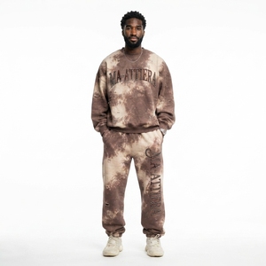 Custom Men Brown <b>Tie</b> <b>Dye</b> Rhinestone <b>Sweatshirt</b> Jogger Set Cotton Fleece Streetwear Tracksuit OEM Wholesale - Product Image 1