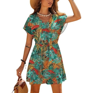 Vestido playero casual de manga corta para mujer con lazo en la cintura - Product Image 1