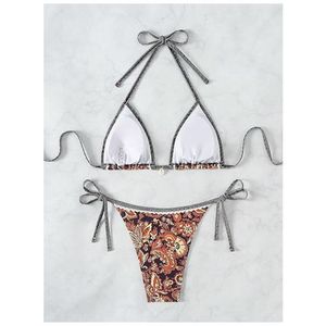Ensemble bikini 2 pièces pour femme, imprimé floral, haut triangle dos nu, bas de maillot de bain à nouer sur les côtés, maillot de bain string, mini vêtements de plage - Product Image 4