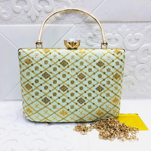 Designer Women Evening Clutch Purse with Embroidery and <b>Sequins</b>, Metal Frame <b>Handbag</b> for Wedding Party Festive Wear - Product Image 1