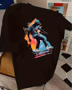เสื้อยืดแขนสั้นสีขาวสำหรับผู้ชาย คอกลม พิมพ์ลายสเก็ตบอร์ด สไตล์สตรีท ทรงปกติ ผ้าฝ้ายเจอร์ซีย์ 100% ระบายอากาศได้ดี - Product Image 4