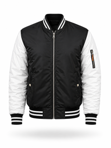 Veste universitaire noire et blanche pour homme, coupe classique, polyester, fermeture éclair, couleur unie, style décontracté, col rabattu, vêtement d'automne - Product Image 1