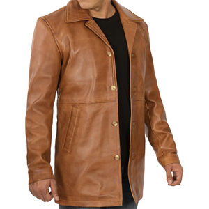 Manteau long en cuir véritable pour homme, col à revers, simple boutonnage, coupe classique, marron, boutons sur le devant, imperméable et respirant - Product Image 5