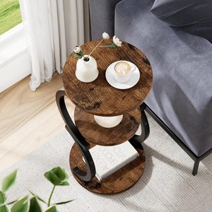 Rustic Wood and Metal Round Side <b>Table</b> 3-Layer <b>Storage</b> Shelf for Home Decor - Product Image 5