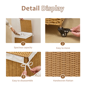 Panier à linge en rotin tissé de 78 L avec couvercle et roulettes - Product Image 4