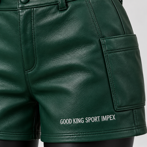 Custom Green PU <b>Leather</b> Cargo Shorts <b>Women</b>’s High Waist Faux <b>Leather</b> Utility Shorts Manufacturer Wholesale OEM ODM Private Label - Product Image 3
