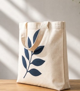 Minimalist Leaf Print Cotton Canvas <b>Tote</b> <b>Bag</b> Eco Friendly Cream Large Capacity Women <b>Navy</b> Shoulder Handbag Reusable - Product Image 4