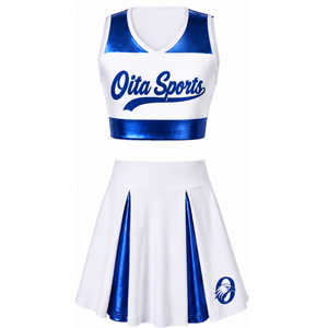 Ensemble uniforme de cheerleading sublimé blanc et bleu sans manches, haut court et jupe pour équipe sportive, tenue de performance et d'entraînement - Product Image 1