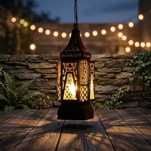 Vintage <b>Iron</b> and Glass Hanging Lantern with Ornate Moroccan Design Decorative Indoor Outdoor Lighting for Home Garden PatioDecor - Product Image 3