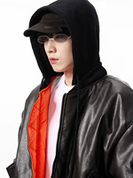 Blouson Bomber en Cuir Noir pour Homme, à Capuche, Fermeture Éclair, Style Streetwear, Coupe Ample, Couleur Unie, Logo sur la Manche Gauche, Idéal pour l'Automne