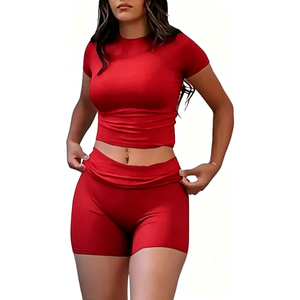 Women's <b>Red</b> Sporty 2-Piece Set Short Sleeve <b>Crop</b> <b>Top</b> High Waisted Shorts Solid Knitted Breathable Spring Summer - Product Image 4