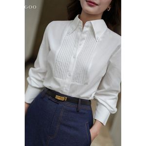 เสื้อเชิ้ตผู้หญิง HAGOO รุ่นวินเทจ ผ้าคอตตอนผสม แต่งจีบที่อก ติดกระดุม แขนยาว ทรงปกติ รุ่น A8099 ขายส่ง - Product Image 5
