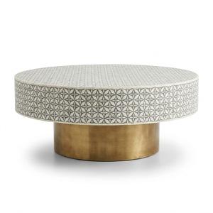 Table basse ronde en os incrusté, motif géométrique marocain, avec base en laiton doré, prix d'usine, pour salon et hôtel - Product Image 2