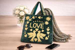 Jaif Textiles Embroidered Velvet Tote <b>Bag</b> Suzani Style <b>Boho</b> Shoulder <b>Bag</b> Love Birds Floral Design Cotton Lining Open Closure - Product Image 1
