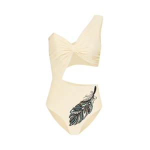 Creme Color Bodysuit with Leaf Embroidery and Center Cut-Out One Piece Swimsuits Custom Fabric Handmade Beads Swimsuit Beachwear - Product Image 1