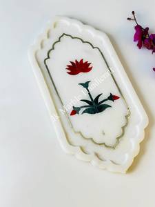 Plateau décoratif en marbre blanc incrusté de fleurs, plateau en pierre polie, artisanat fait main, pour la maison et les restaurants - Product Image 2