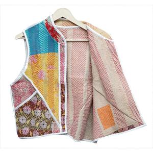 Chaleco de Algodón Acolchado con Diseño de Patchwork, Multicolor, Cuello Mandarín, Estampado a Rayas, Chaqueta de Primavera para Mujer - Product Image 3