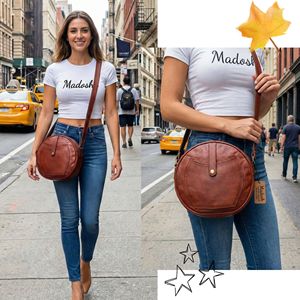 Bolso bandolera redondo de cuero genuino para mujer – Bolso de hombro circular ligero con cierre de cremallera - Product Image 5