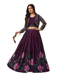 Lehenga traditionnel en crêpe violet Bandhani, longueur ras du sol, séchage rapide, pour femmes indiennes, occasions de mariage et de fête - Product Image 1