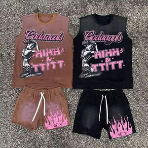 Ensemble de survêtement pour homme en coton 100% - 2 pièces - Streetwear - Impression DTG - Shorts de sport et t-shirts sans manches - Jogging - Ensemble court - Product Image 2